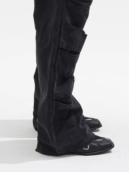 Layered Distressed Washed Loose Fit Denim Jeans