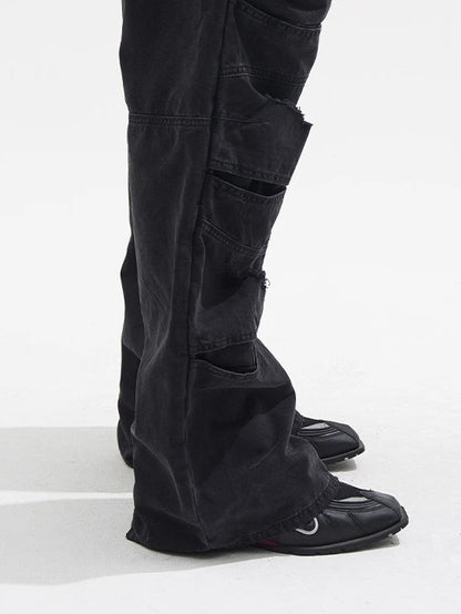 Layered Distressed Washed Loose Fit Denim Jeans