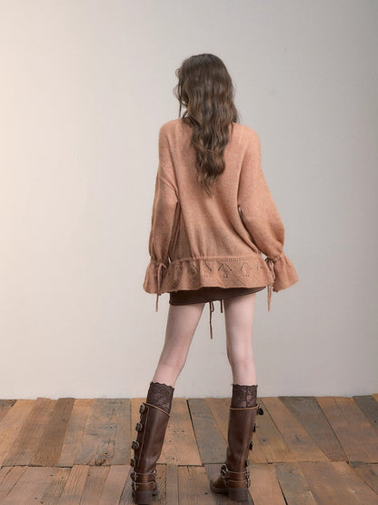 Drawstring Openwork Wool Knit Cardigan