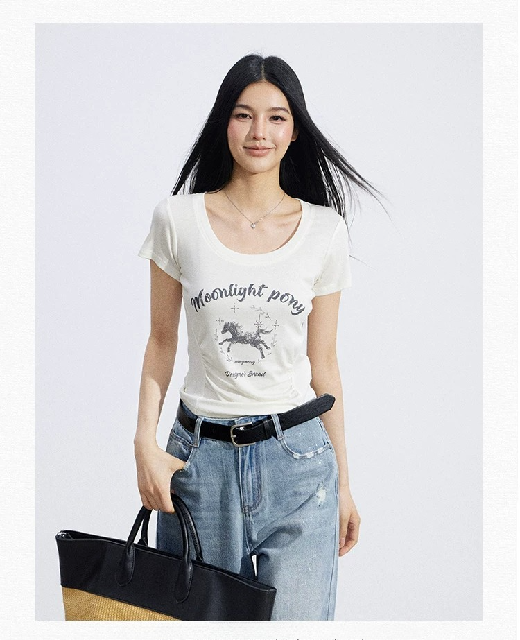 Ice-Silk Lyocell Pony Graphic Fitted T-Shirt