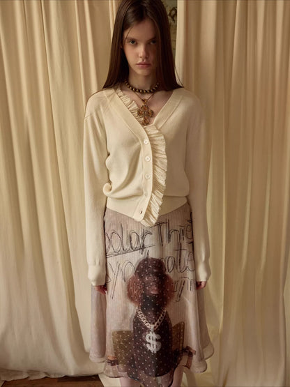 Ruched Trim Acetate-Blend Knit Cardigan