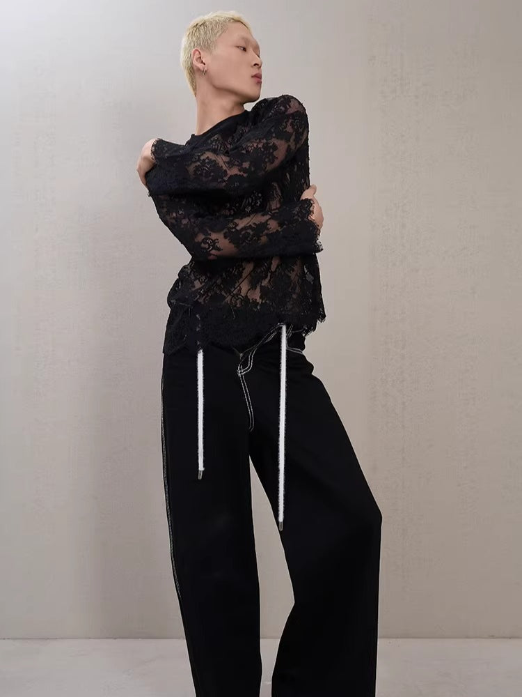 Layered Ribbed Lace-Trim Crewneck T-Shirt