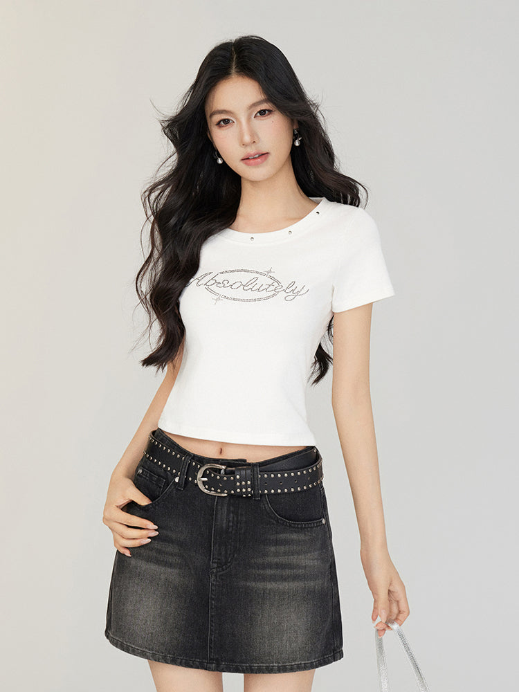 Rivet-Rhinestone Regular Shoulder T-shirt