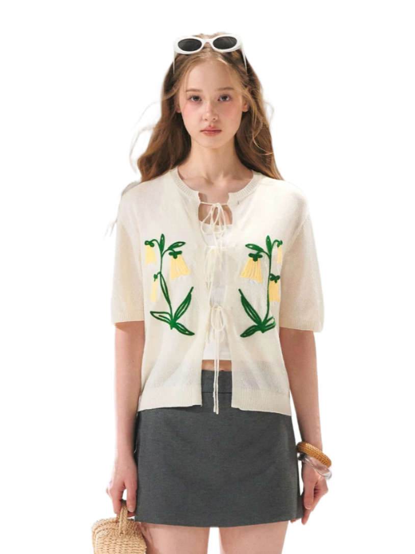 Floral Embroidered Tie-Front Knit Cardigan