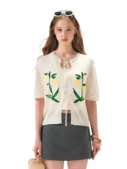 Floral Embroidered Tie-Front Knit Cardigan