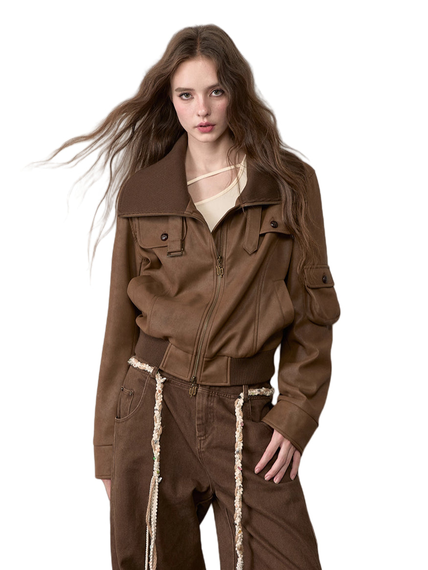Vintage Contrast Lapel PU Leather Jacket