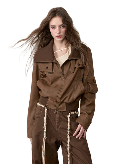 Vintage Contrast Lapel PU Leather Jacket