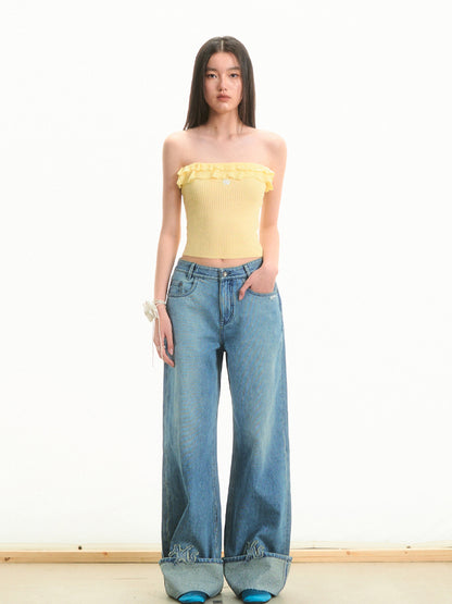 Transparent Rhinestone Straight-Leg Jeans