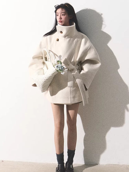 Stand-Collar Wool Short Coat