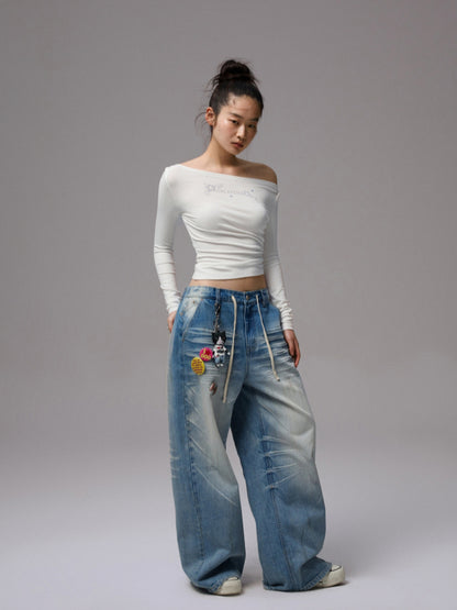 Rhinestone One-Shoulder Long-Sleeve T-Shirt - CHINASQUAD