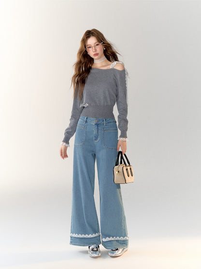 Lace Band Straight-leg Denim Jeans