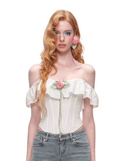 Off-Shoulder Ruffle Corset Rose Top 1Jinn Studio