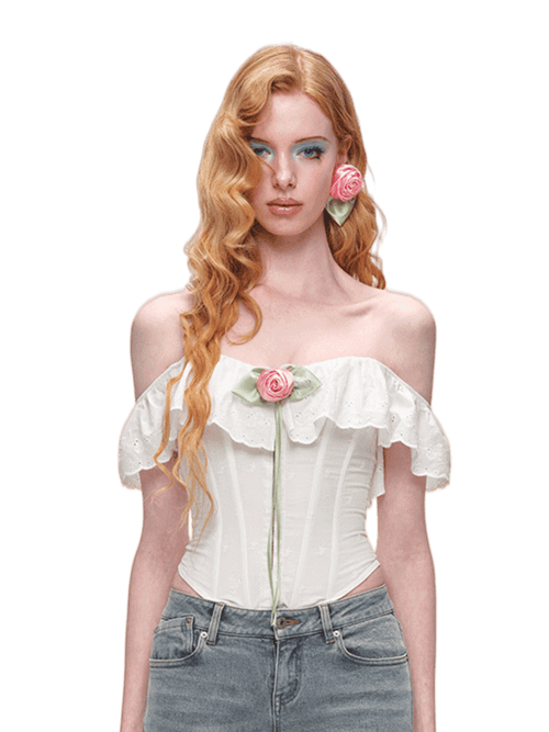 Off-Shoulder Ruffle Corset Rose Top
