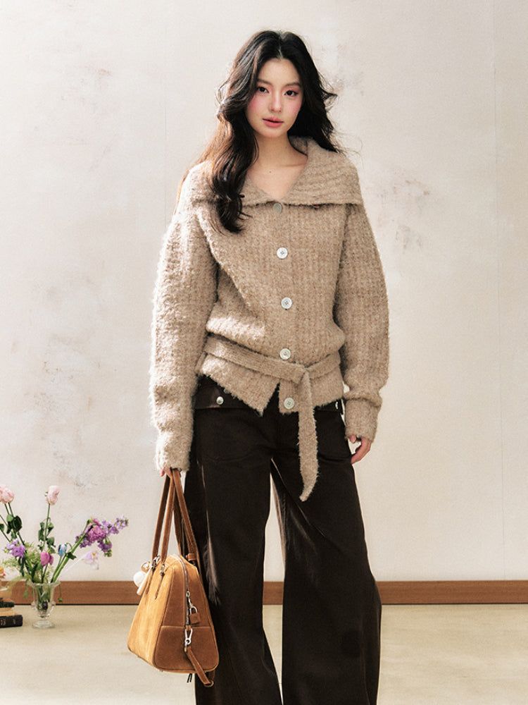 Two-Tone Design Collar Loose Top Cardigan Sweater