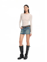 Washed Denim Twill Leather Patchwork Mini Skirt - CHINASQUAD