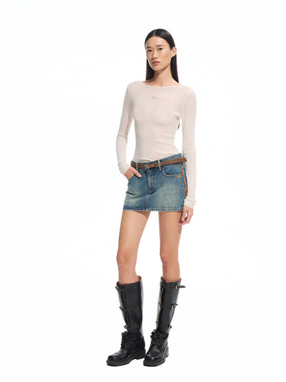 Washed Denim Twill Leather Patchwork Mini Skirt - CHINASQUAD