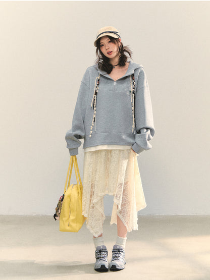 Fake Two-Piece Flower Embroidery Hat Cord Pullover Hoodie - CHINASQUAD