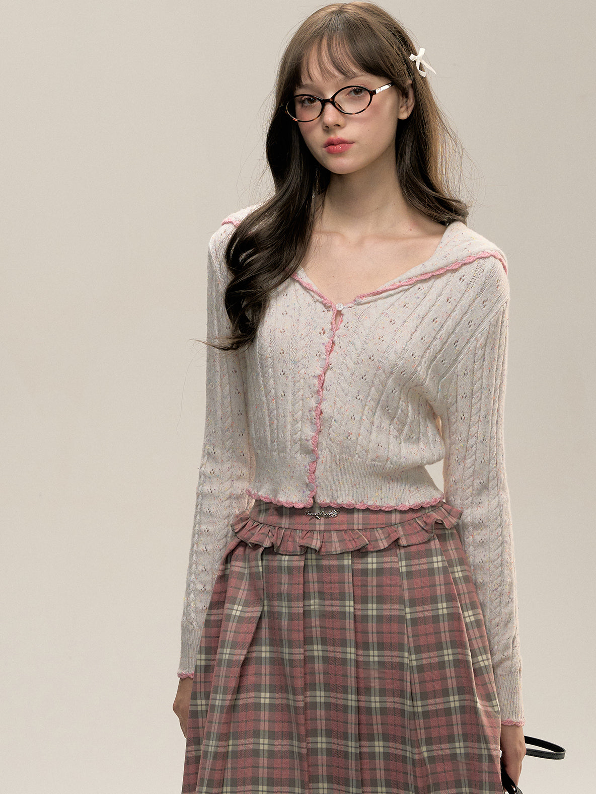 Plaid Pink Lace Pleated Skirt