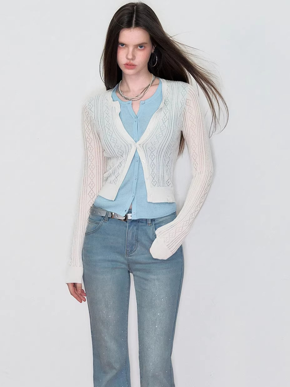 Layered-Effect Contrast Knit Cardigan