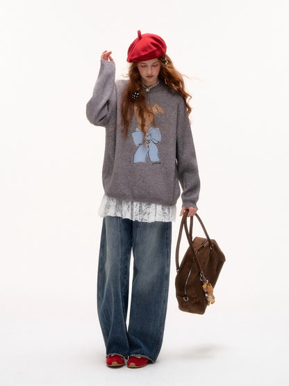 Bow-Knot Puppy Jacquard Pullover Crewneck - CHINASQUAD