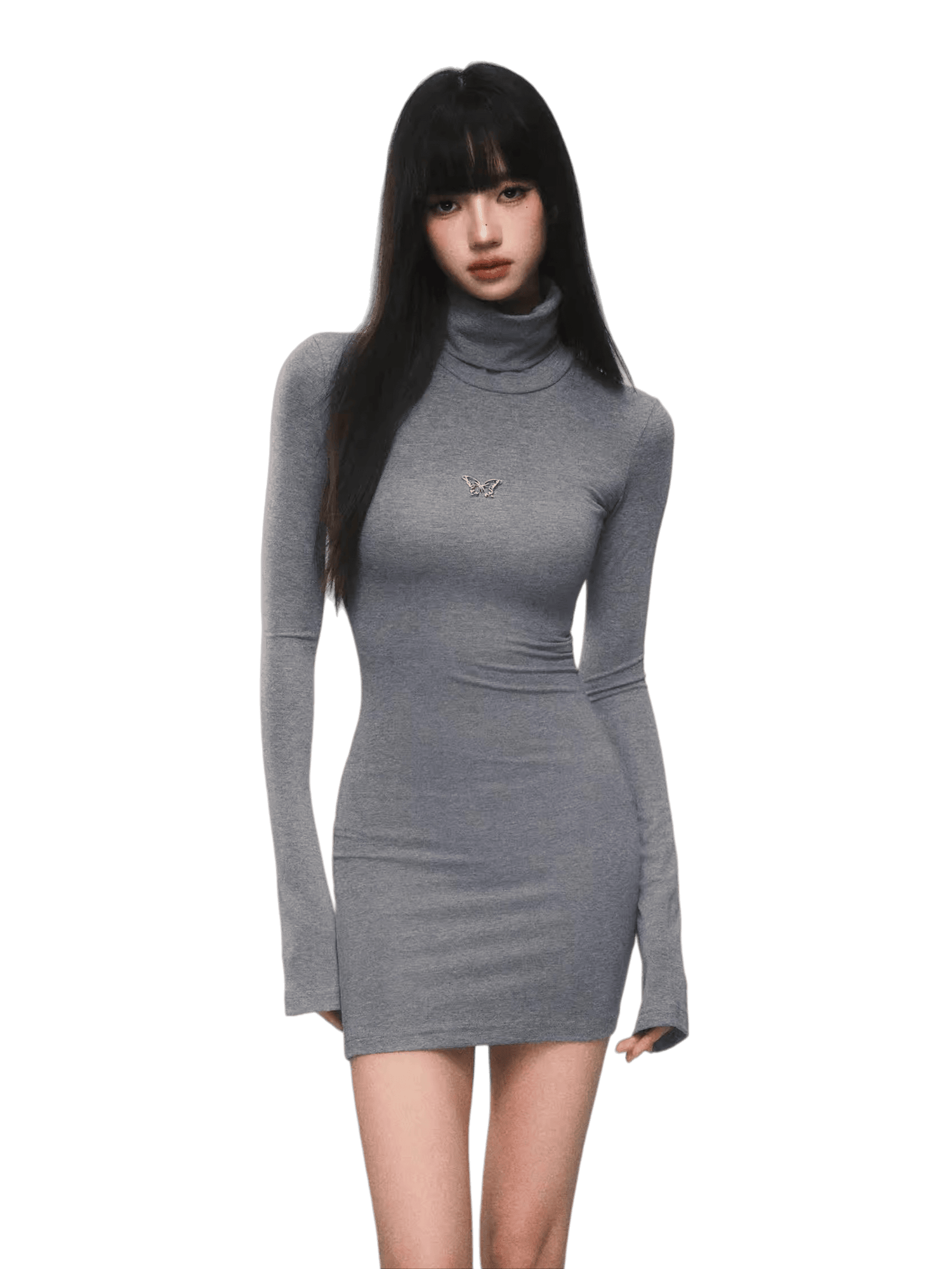 Slim-Fit Turtleneck Flared-Sleeve Knit Dress