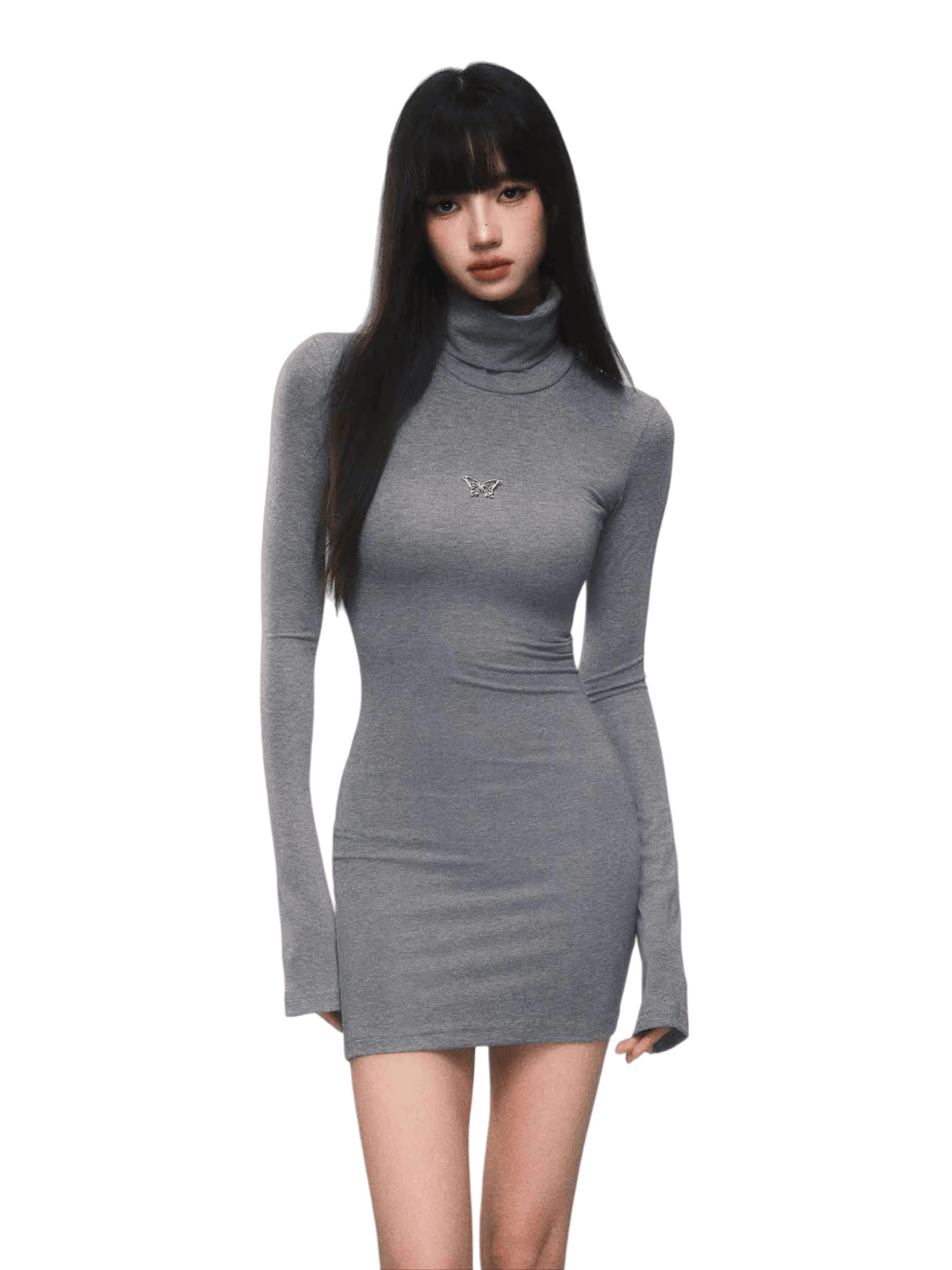 Slim-Fit Turtleneck Flared-Sleeve Knit Dress
