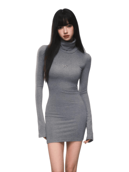 Slim-Fit Turtleneck Flared-Sleeve Knit Dress