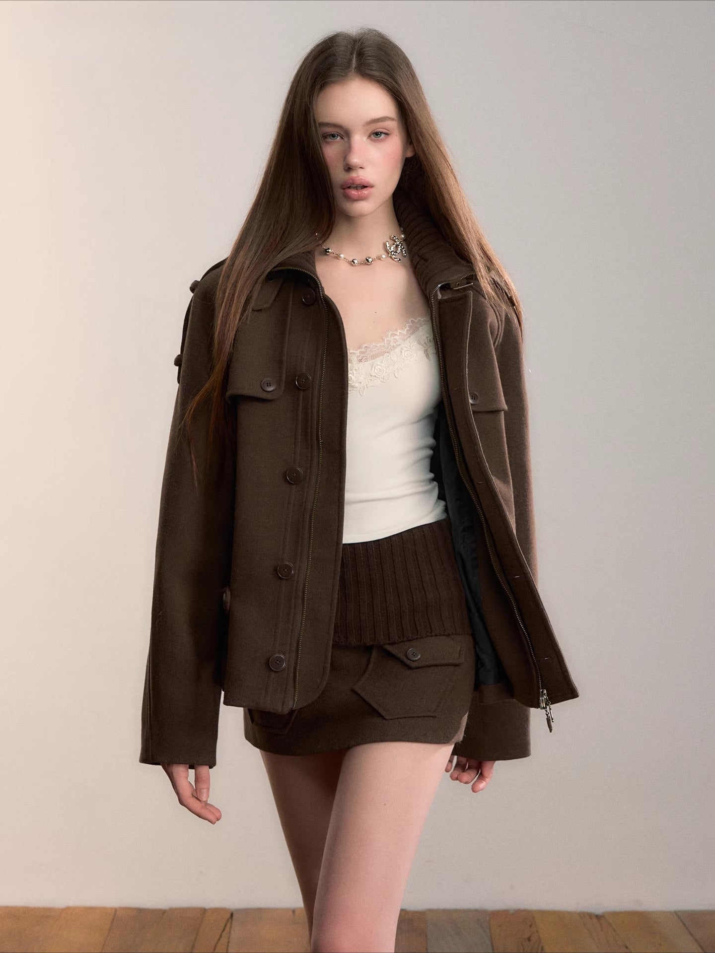 Wool-Blend Panelled High-Neck Puffer Jacket