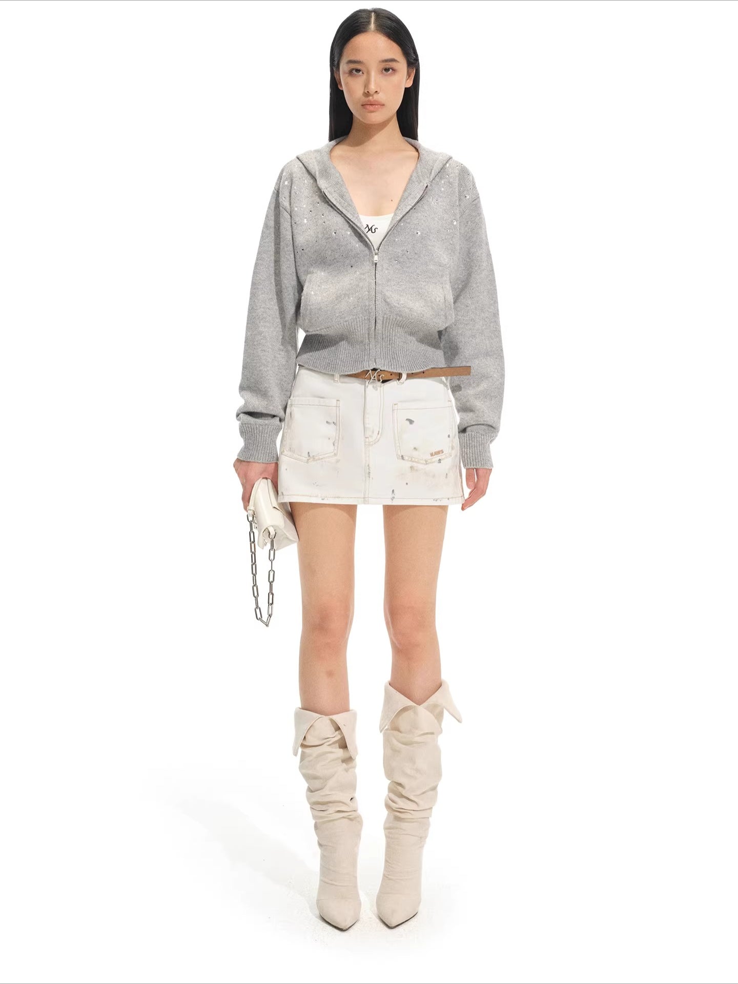 Stardust Gradient Rhinestone Hooded Knit Cardigan