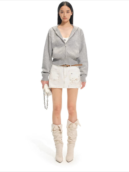 Stardust Gradient Rhinestone Hooded Knit Cardigan