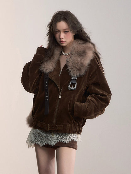 Belt Detail Retro Corduroy Down Jacket