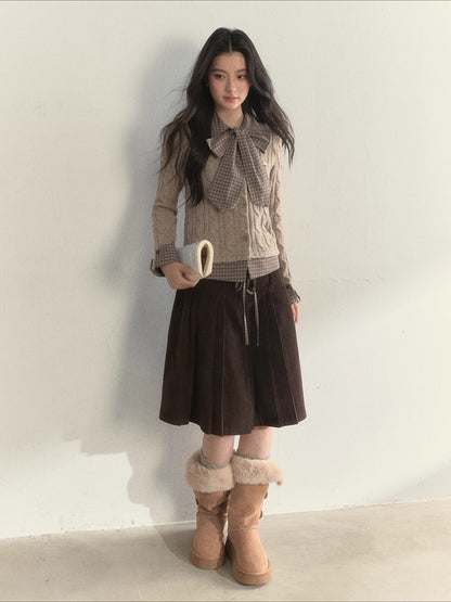 Retro Bow-Tie Preppy Layered Cable Knit Cardigan