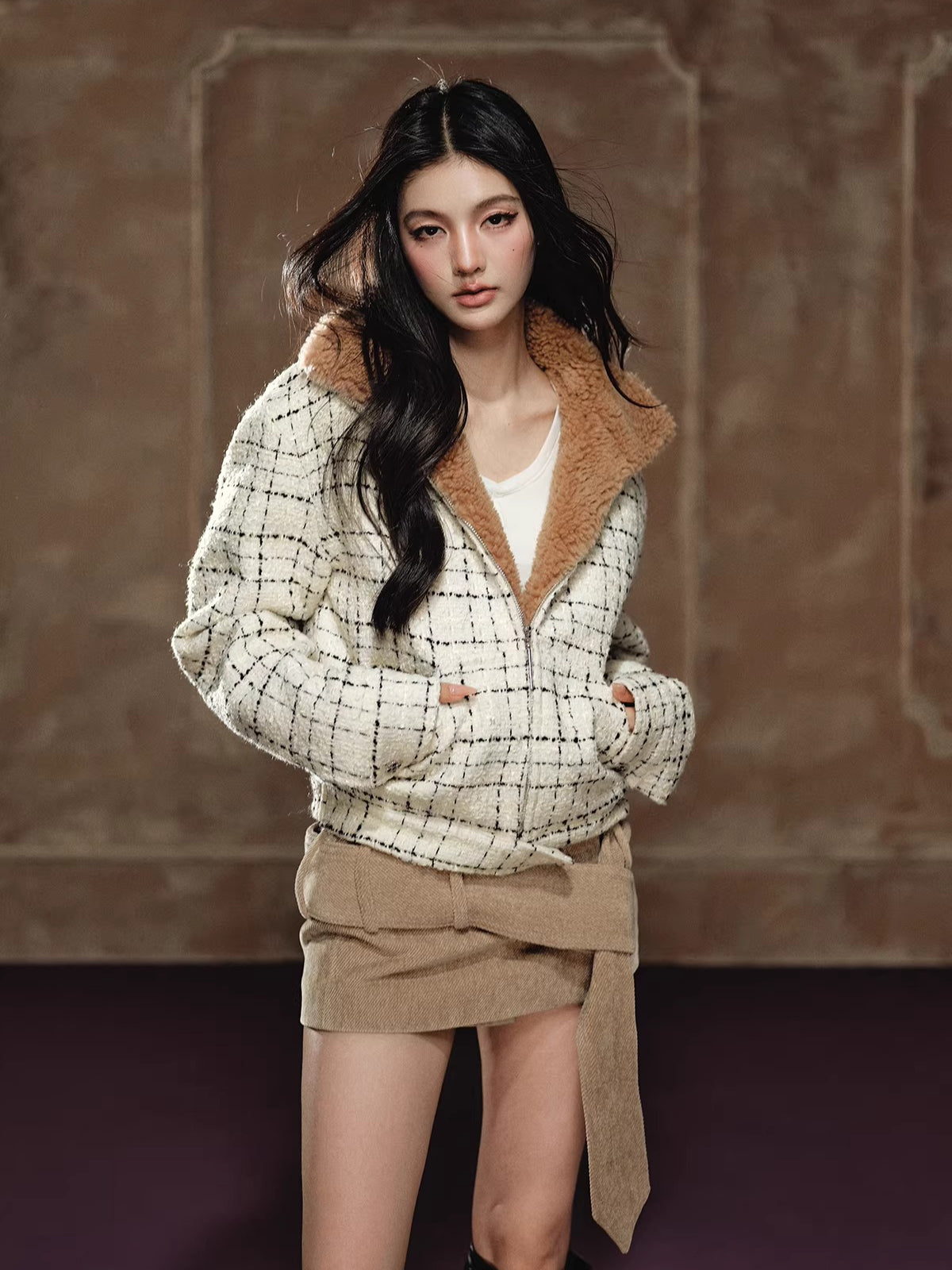 Faux Shearling Collar Wool-Blend Padded Jacket