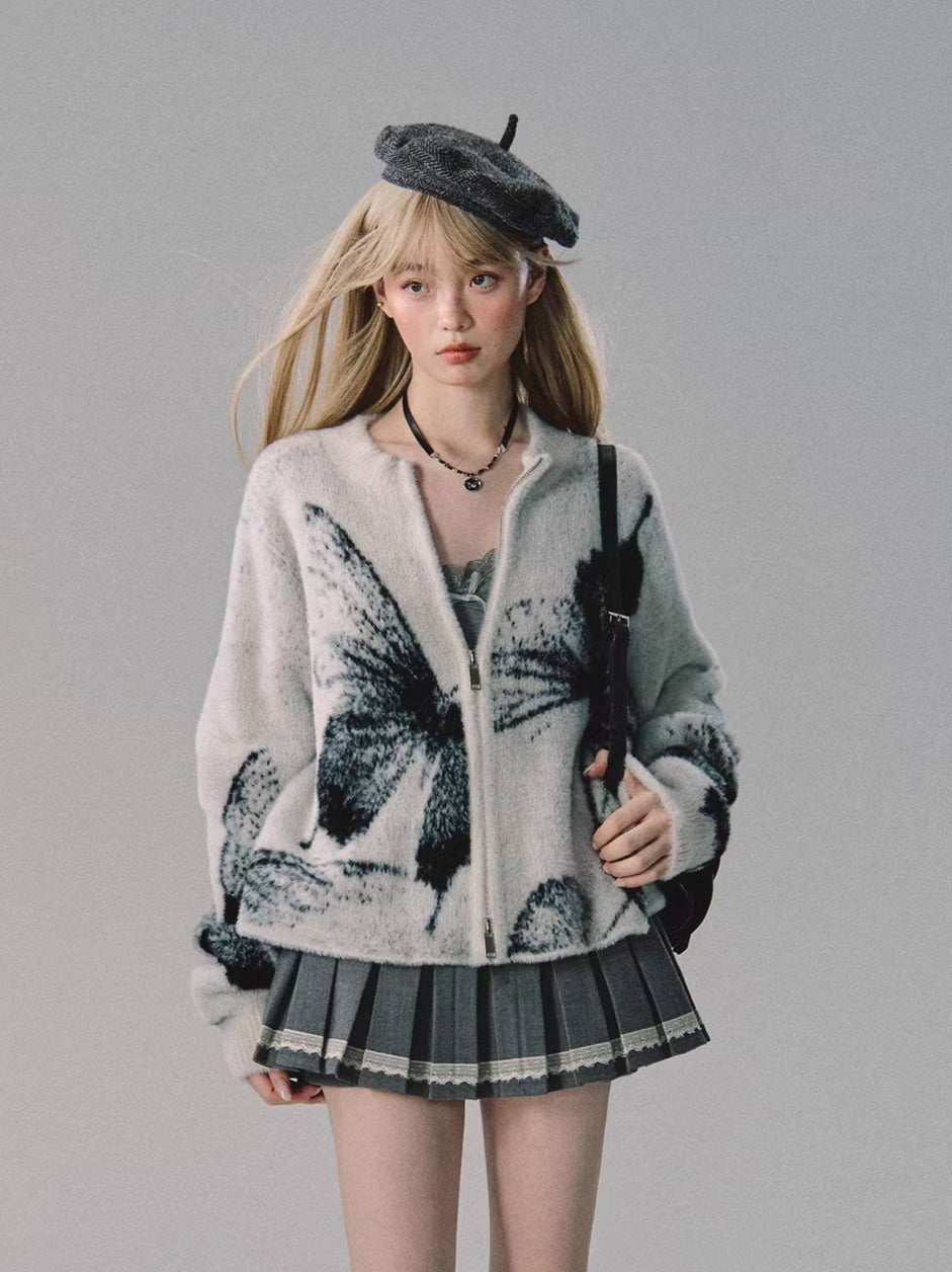 Double-Zip Jacquard Knit Cardigan