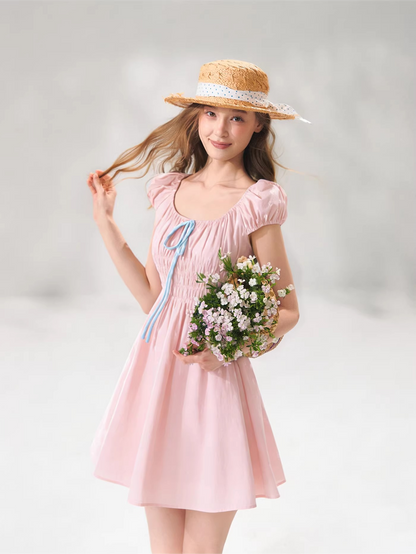 French Floral Tie-Waist Square Neck Puff Sleeve Dress