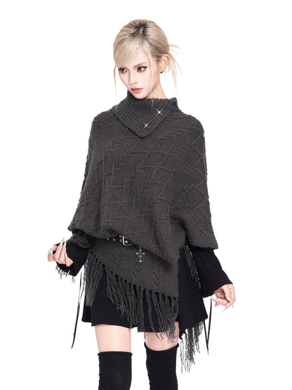 Asymmetric Turtleneck Knit Cape