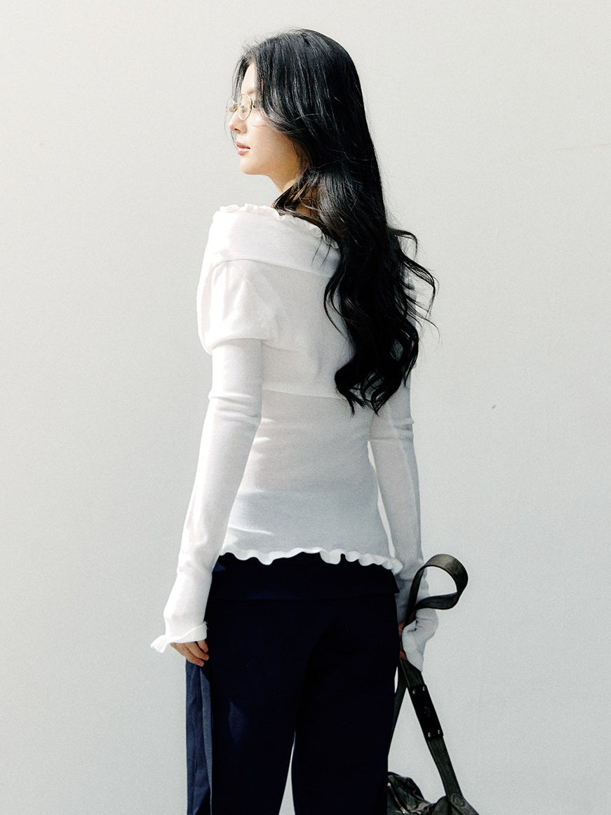 Off-Shoulder Ruffle Trim Fitted Knit Base Layer