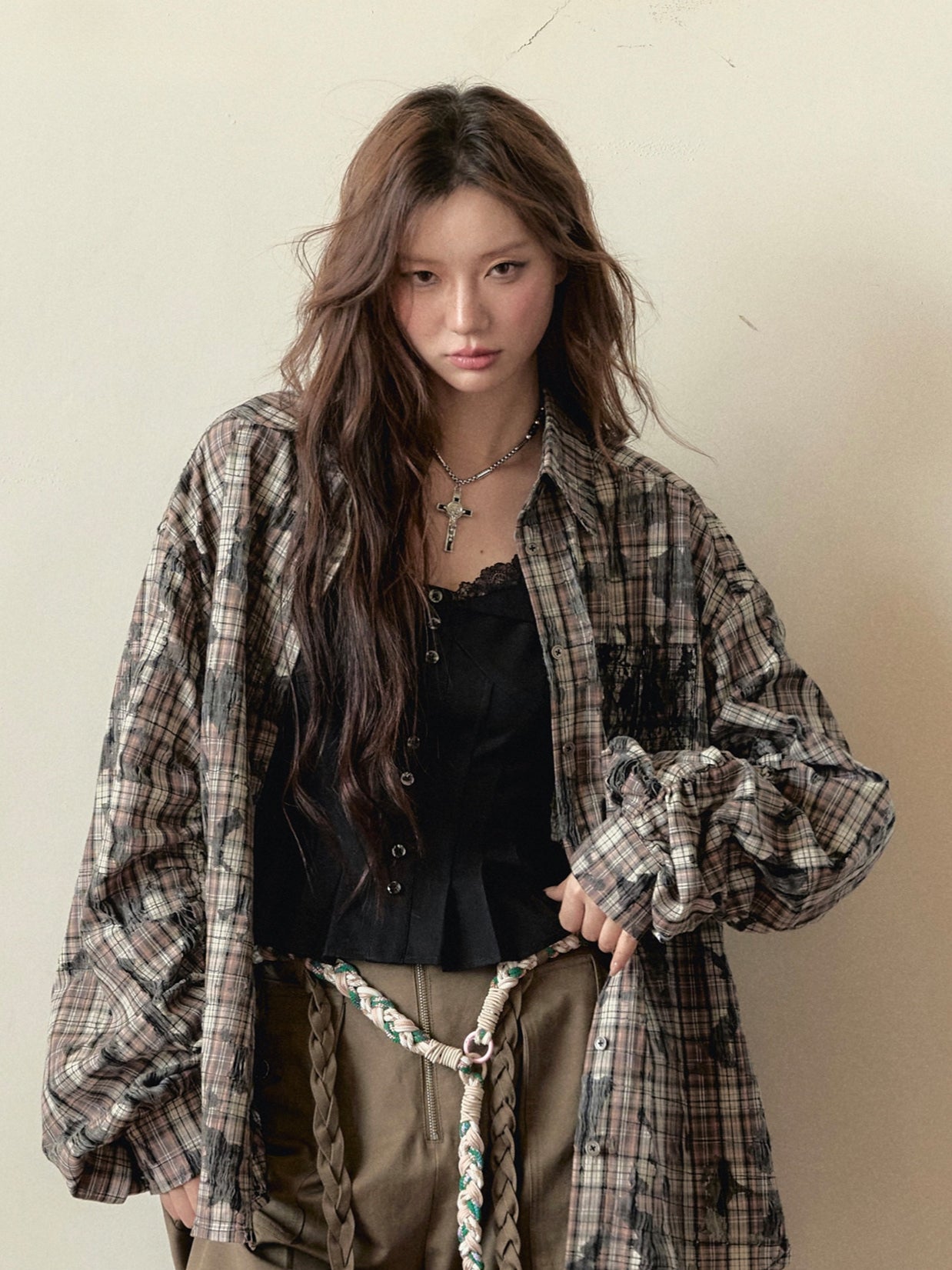 Color-blocked Plaid Long-sleeve Shirt Jacket