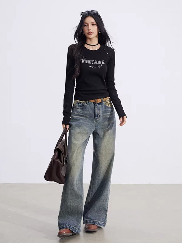 Leopard-Print Panelled Wide-Leg Denim Pants