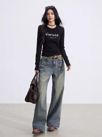 Leopard-Print Panelled Wide-Leg Denim Pants