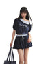 Grey Asymmetric Shoulder Striped Patchwork Short-Sleeve & Skirt Set - CHINASQUAD