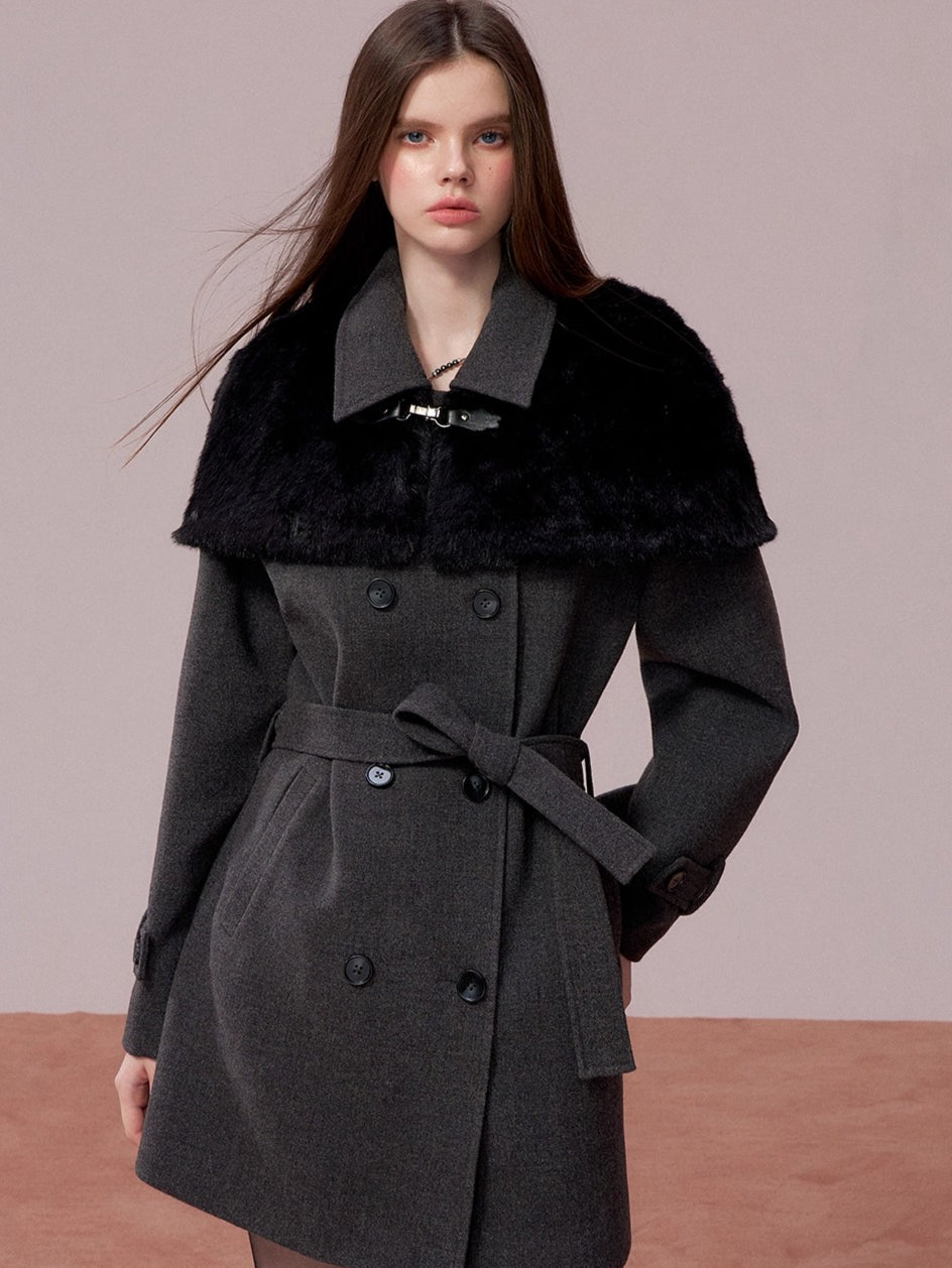 Faux-Fur Cape-Style Wool Coat