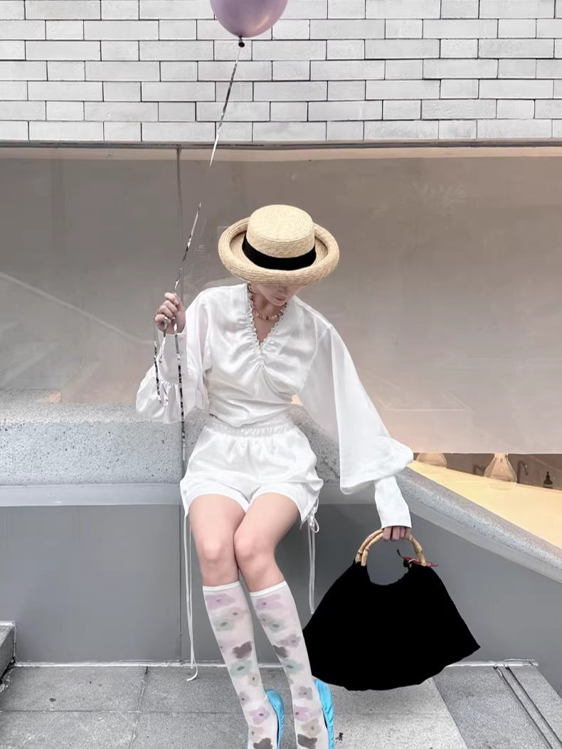 Convertible Ruched V-Neck Acetate Blouse