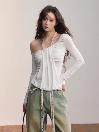 Asymmetric Off-Shoulder Draped Blouse