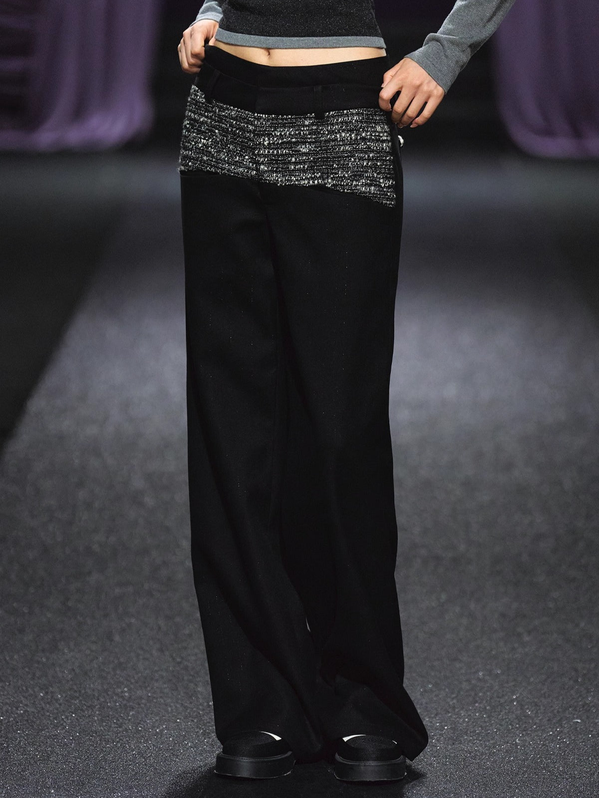 Contrast Waistband Tweed-Panel Straight Pants