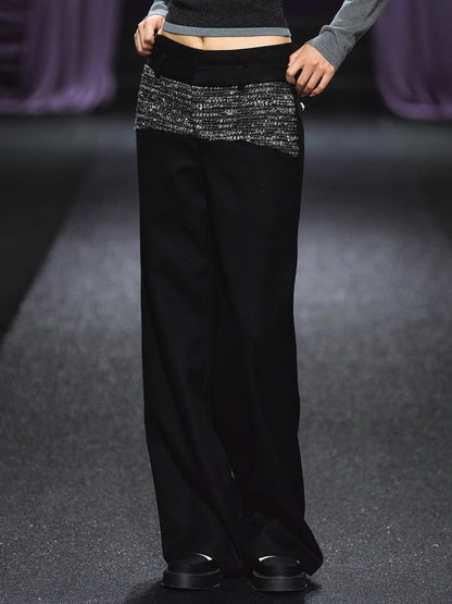Contrast Waistband Tweed-Panel Straight Pants
