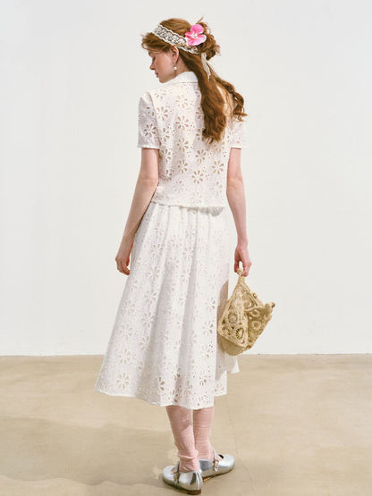 Hollow-out Flower Tie-up Short-Sleeve Top &amp; Skirt Set