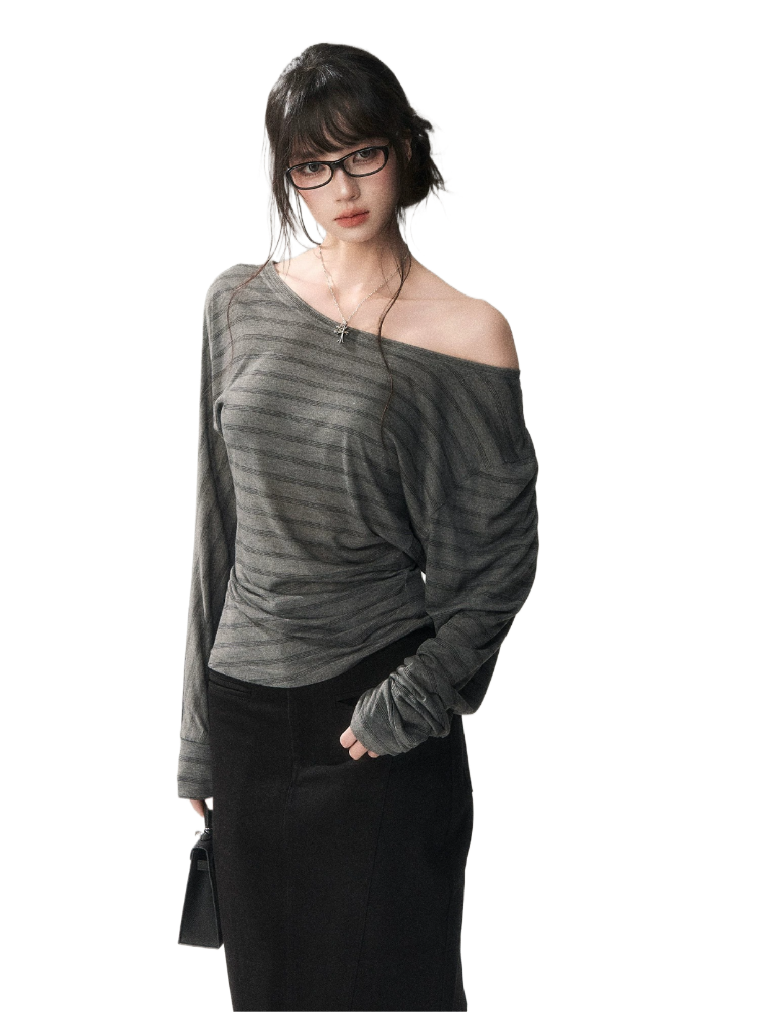 Asymmetric Off-Shoulder Striped Tencel Slim-Fit Long Sleeve Top
