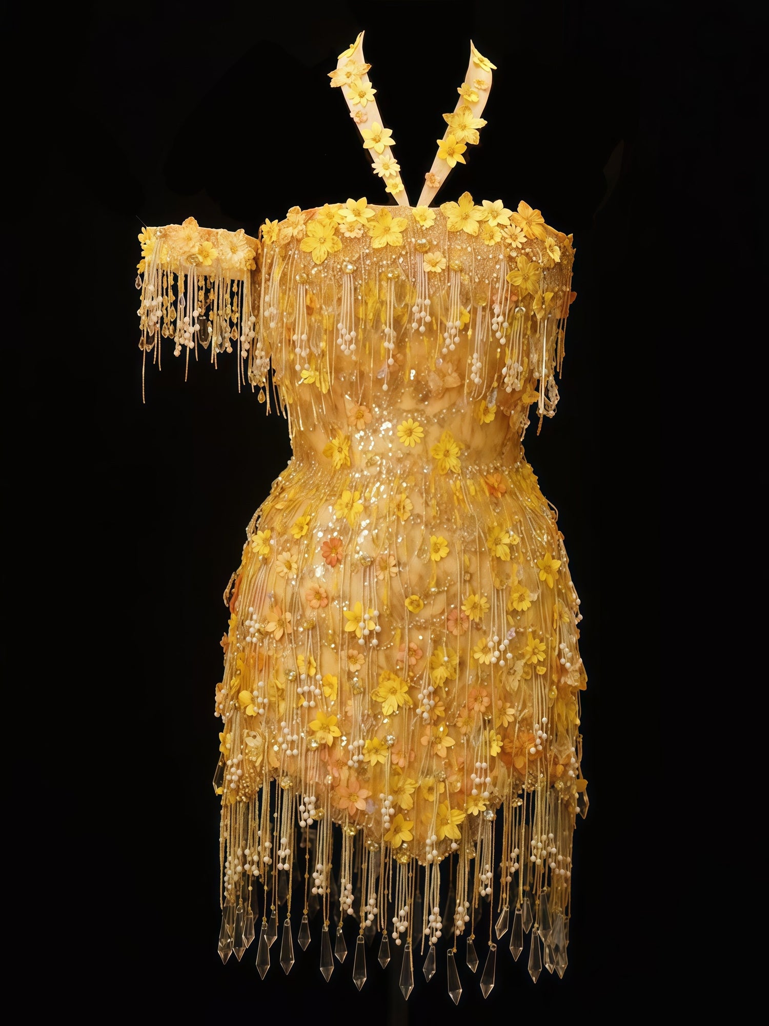 Golden Cascade Crystal Fringe Mini Dress