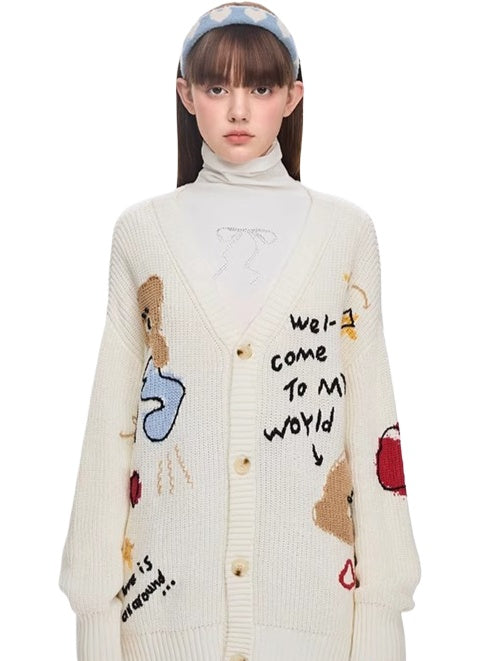 Graffiti Knit V-Neck Cardigan